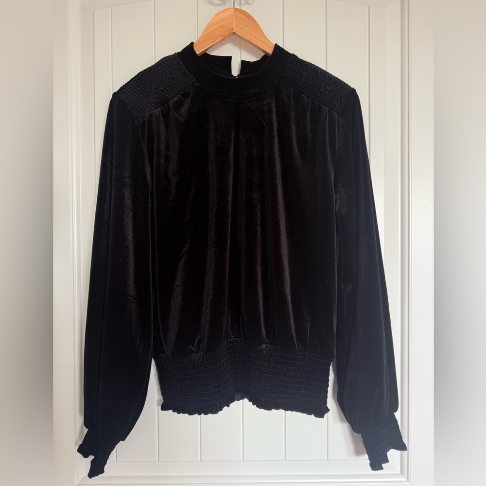 Laundry by Shelli Segal Black Velvet Mock Neck Smocked Blouse Top Medium